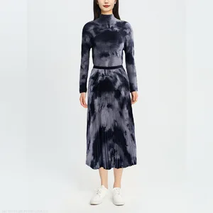 Two Piece Set Women Clothing Printed High-Neck Pleated Shirt Top Casual Style Long Pleated Skirt Suit