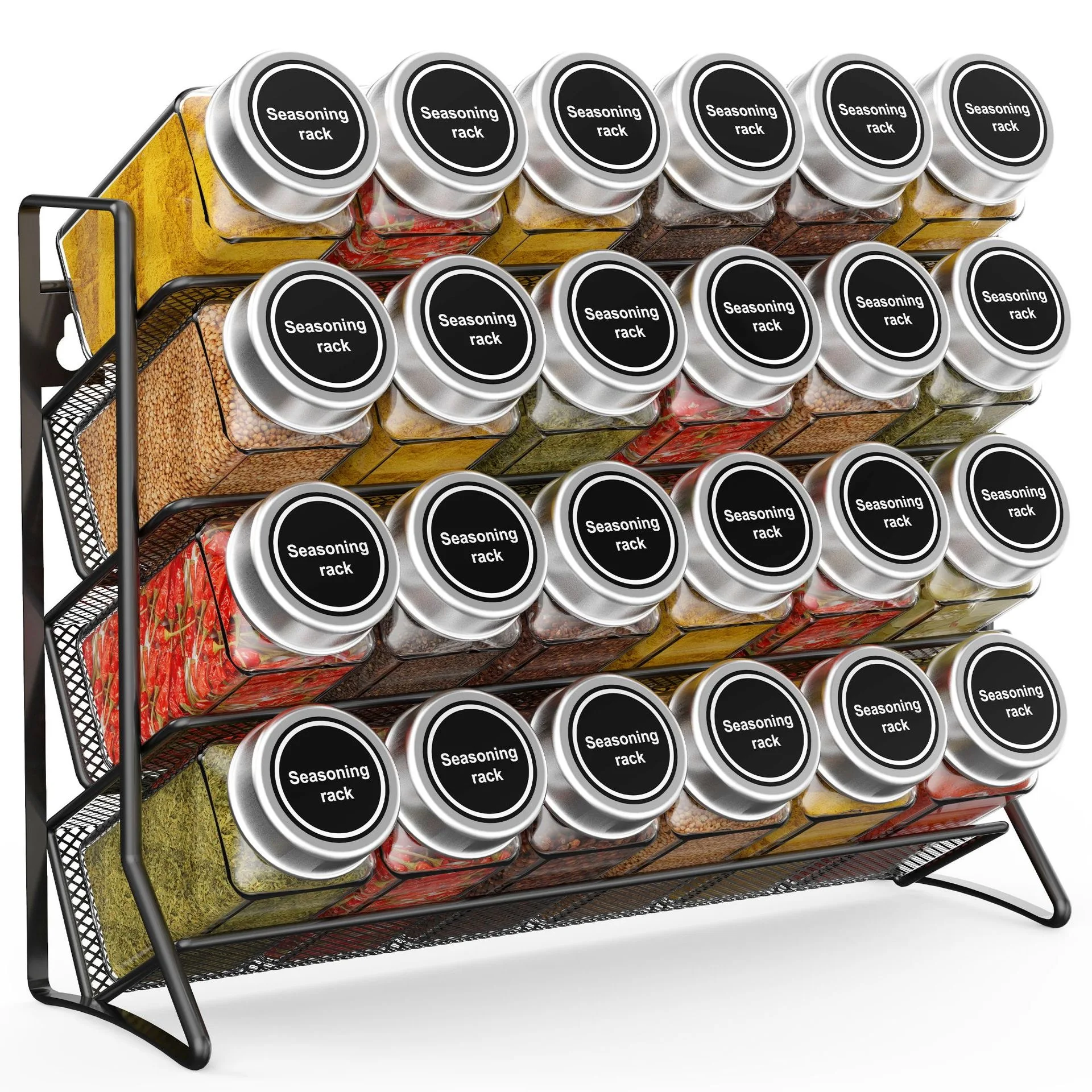 4-Tier Metal Spice Rack Organizer for Countertop Cabinet Wall Mount Sturdy Space-Saving Modern Design Easy Assembly Jars