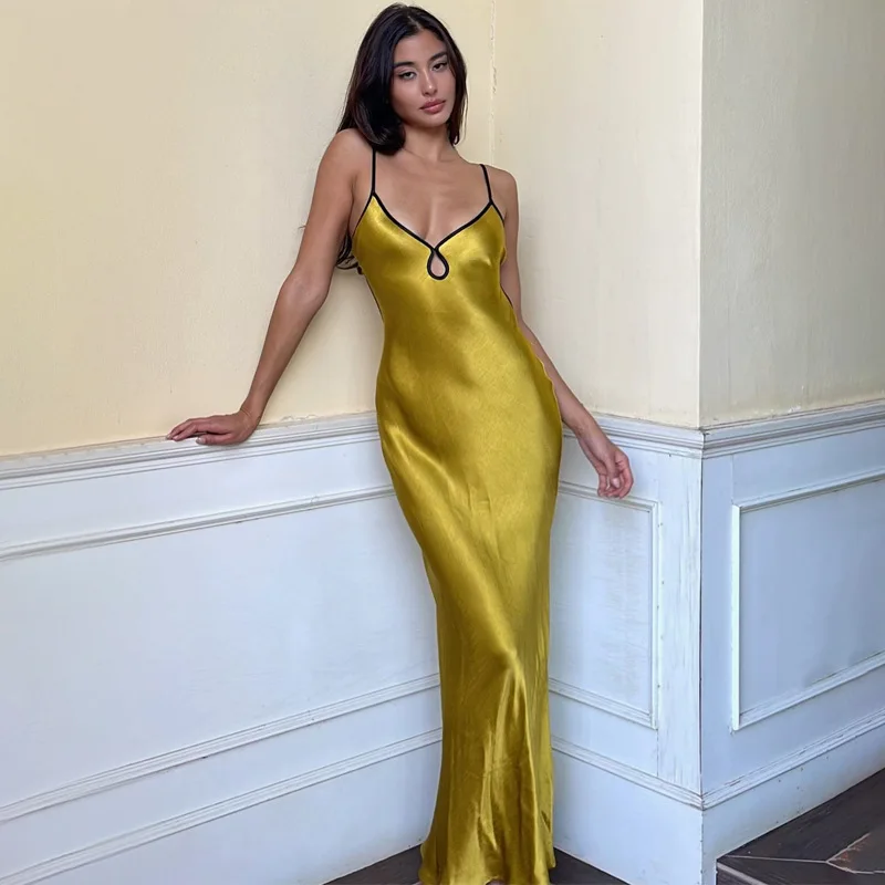 Fashionable Solid Color Slim Fitted Backless V Neck Halter Midi Sexy Woman  Summer Dress