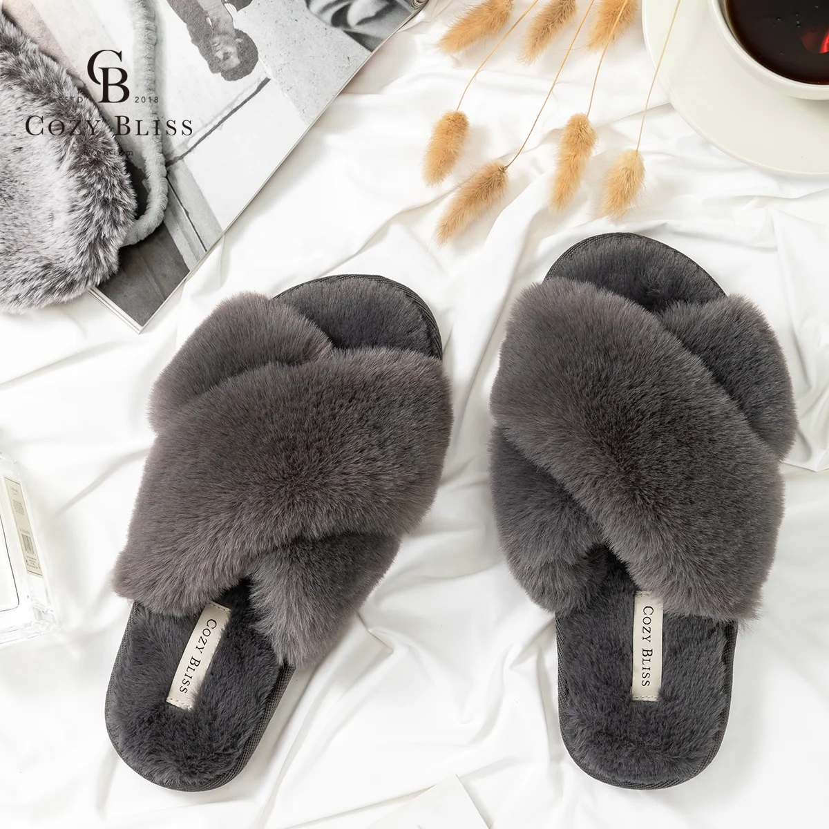 
Уютная модная обувь Bliss Amazon, женские тапочки, меховые шлепанцы с перекрестным мехом, женские тапочки, шлепанцы с открытым носком, мюли, пушистые шлепанцы для дома 