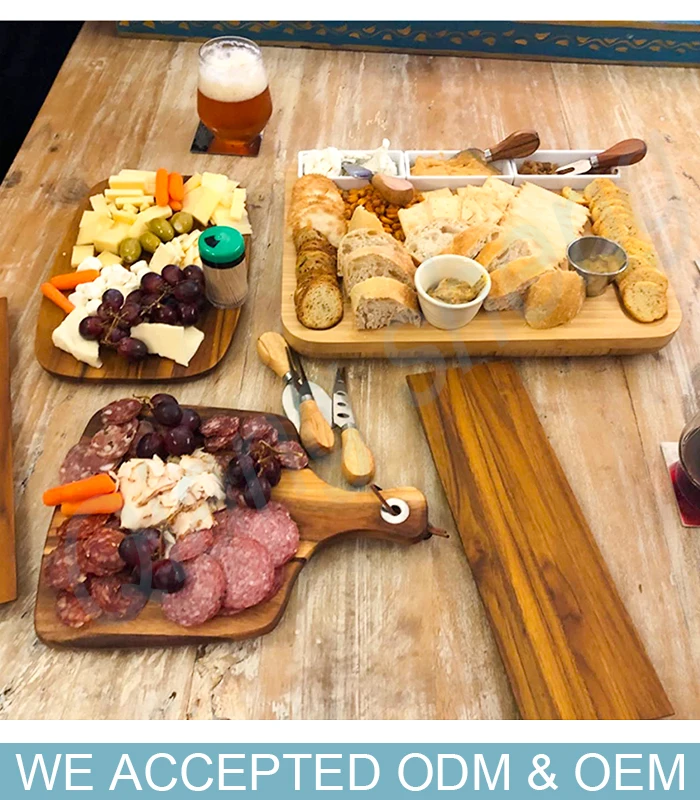 CHEF-HUB Wooden Cheese Board Set - 2 Rectangular Meat Platters With Dip Bowls, Dishwasher Safe, Kitchen Gift