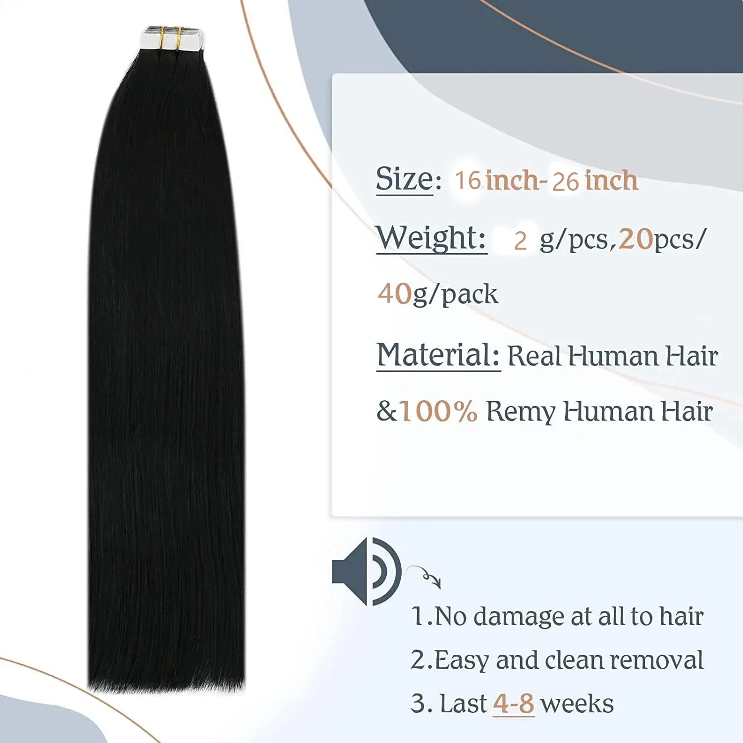 Echthaar-Extensions, 40,6–66 cm, Naturschwarz, Nr. 1, 100 % Remy-Hauttresse, selbstklebend, zum Aufkleben für den Salon, hohe Qualität_voghion.com