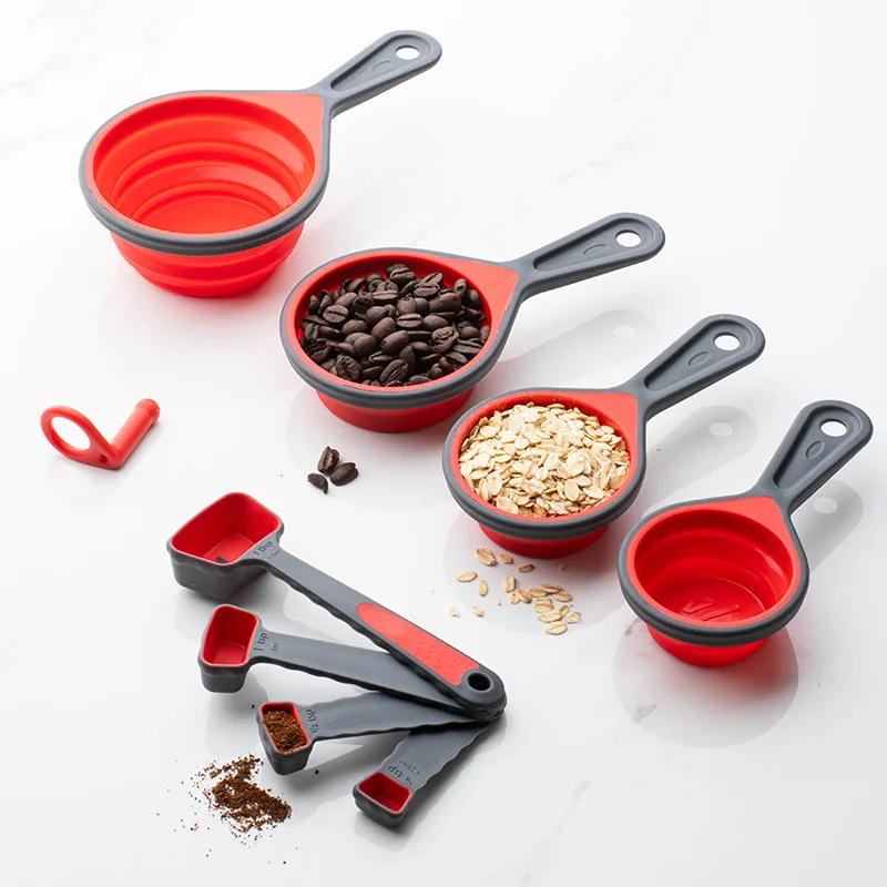 Custom Kitchen Gadget Adjustable Portable Durable Colorful 4 Piece Silicone Measuring Spoons and Cups Measure Spoon Set