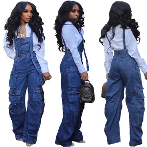 Latest Design Women's Solid Casual Summer Denim Overalls Jumpsuits with Button Detail Washed Shoulder Eco-Friendly Breathable