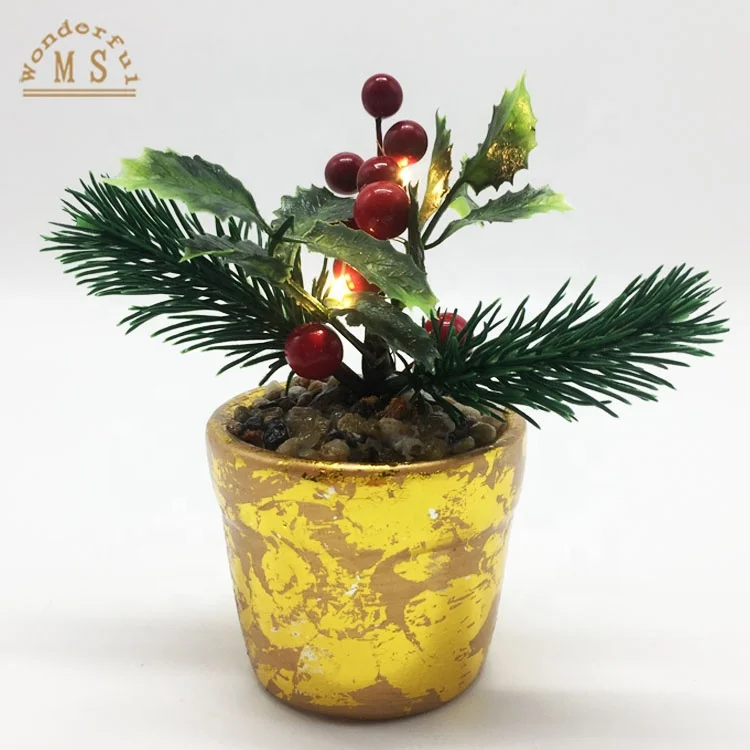 Terracotta Plant Pot Gold Foiled Artificial Christmas Flower with Colorful Led Light chain for Home Desktop Christmas Decoration