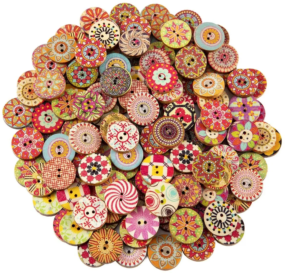 100pcs Mixed Random Flower Painting Round 2 Holes Wood Wooden Buttons for Sewing