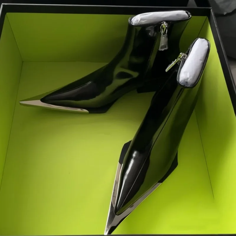 Fashion Metal Toe Pointed Ankle Boots Zipper Patent Leather Chunky Heels Cowgirl Western Cowboy Women Boots - Image 6