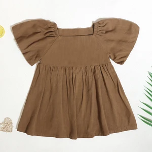 Personalized Design Baby Clothes Cute Short Sleeve Linen Rayon Comfortable Solid Casual Girls Dress