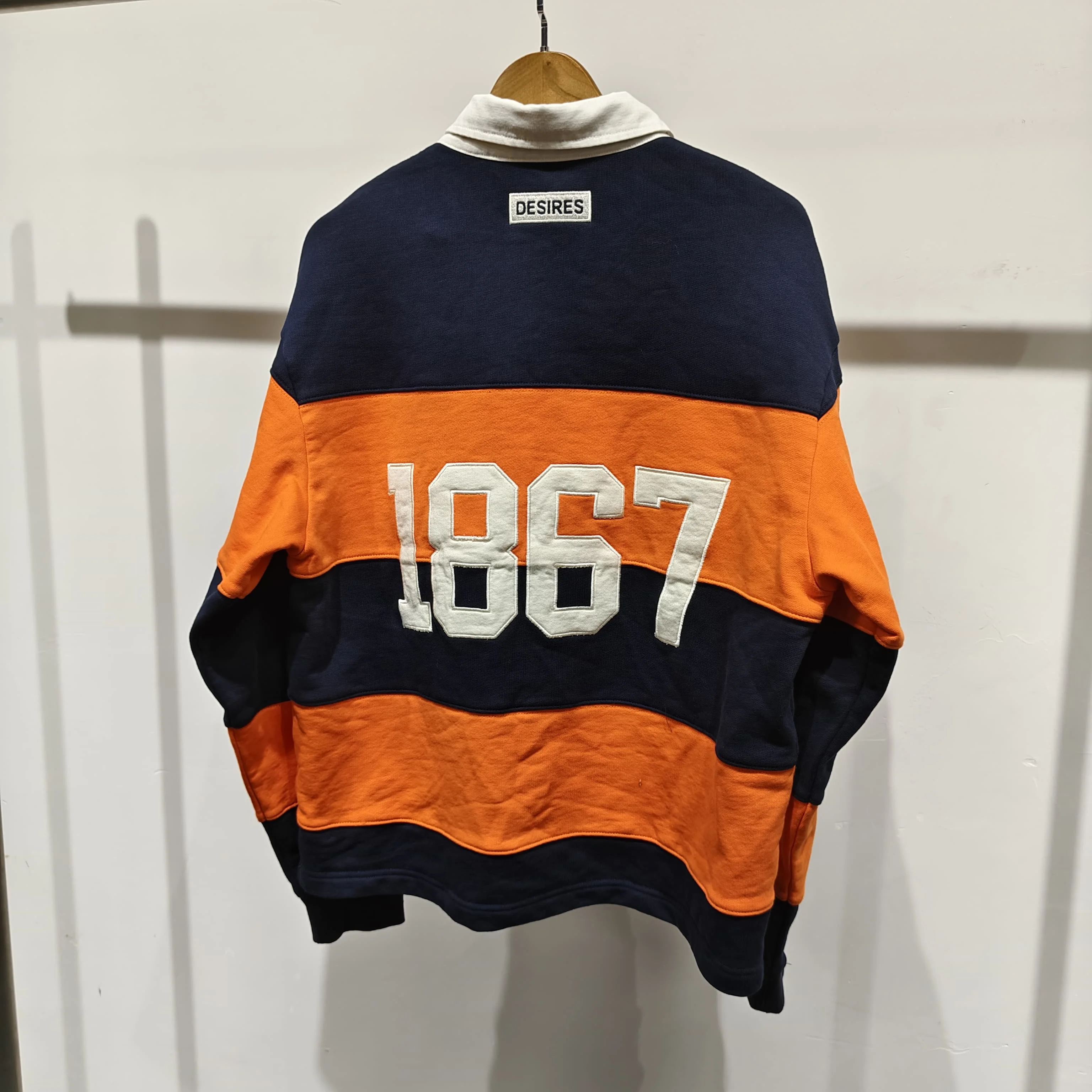 Men Y2K Custom Streetwear Distressed Applique Embroidery Heavyweight French Terry Rugby Stripe Cotton Long Sleeve Polo Shirt gallery 3
