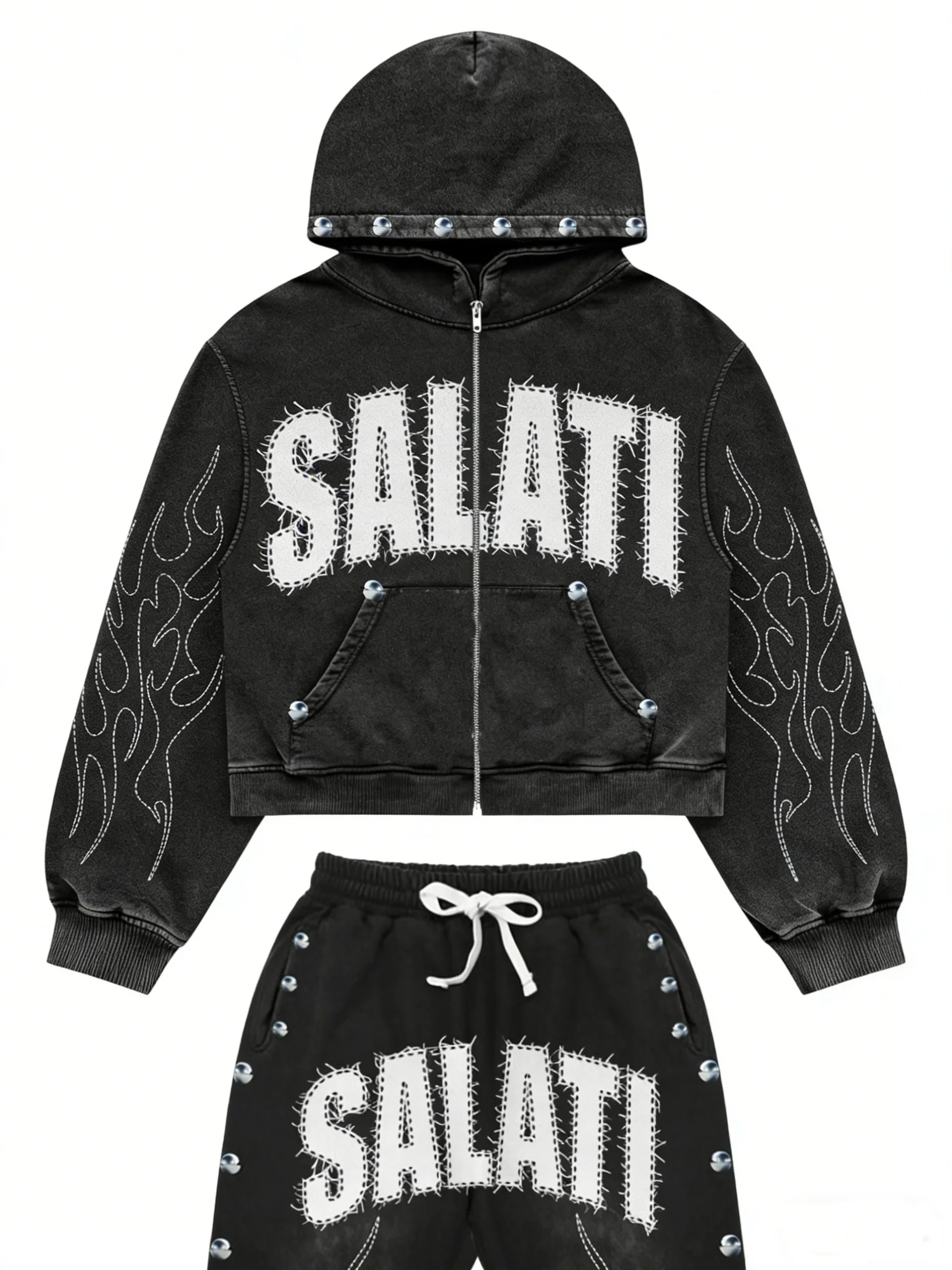 SALATI Custom Cotton Tracksuits Sweatpants and Hoodie Men Streetwear Acid Wash Distressing Embroidery Rhinestone Sweatsuit Set gallery 2