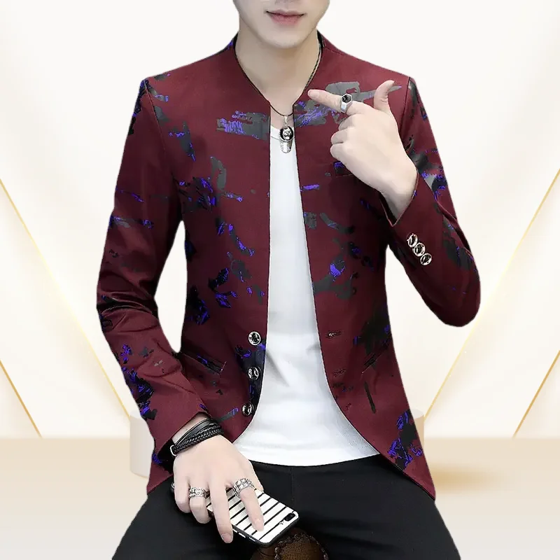 Men Printed Three Button Round Neck Small Suit High Quality Dress