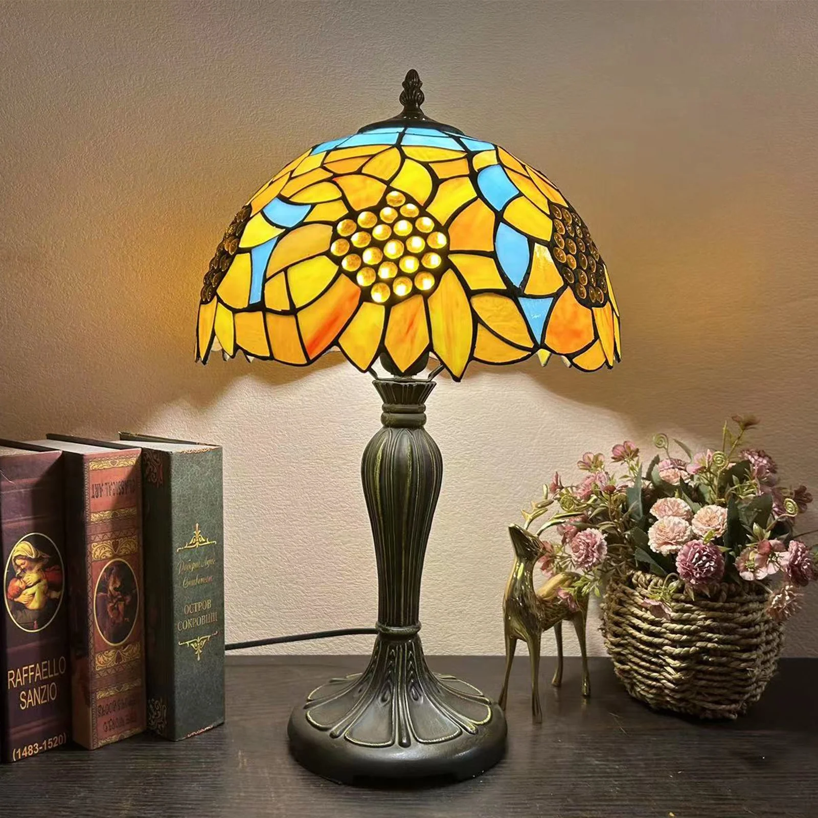LongHuiJing Tiffany 12Inch Colored Glass Table Lamp Sunflower Living Room Mediterranean Retro Baroque Style Table Lamp