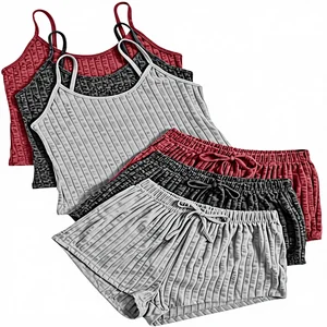 SEGT Women's 2-Piece Casual Bow Collar Above Knee Ribbed Regular Fit Pajamas Crop Tank Top and Shorts Sleeveless Sleepwear