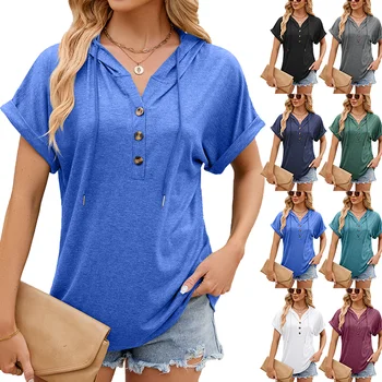 Wholesale High Quality Solid Color Hooded T-Shirt Baggy Button V Neck Skin Friendly Short Sleeve For Women