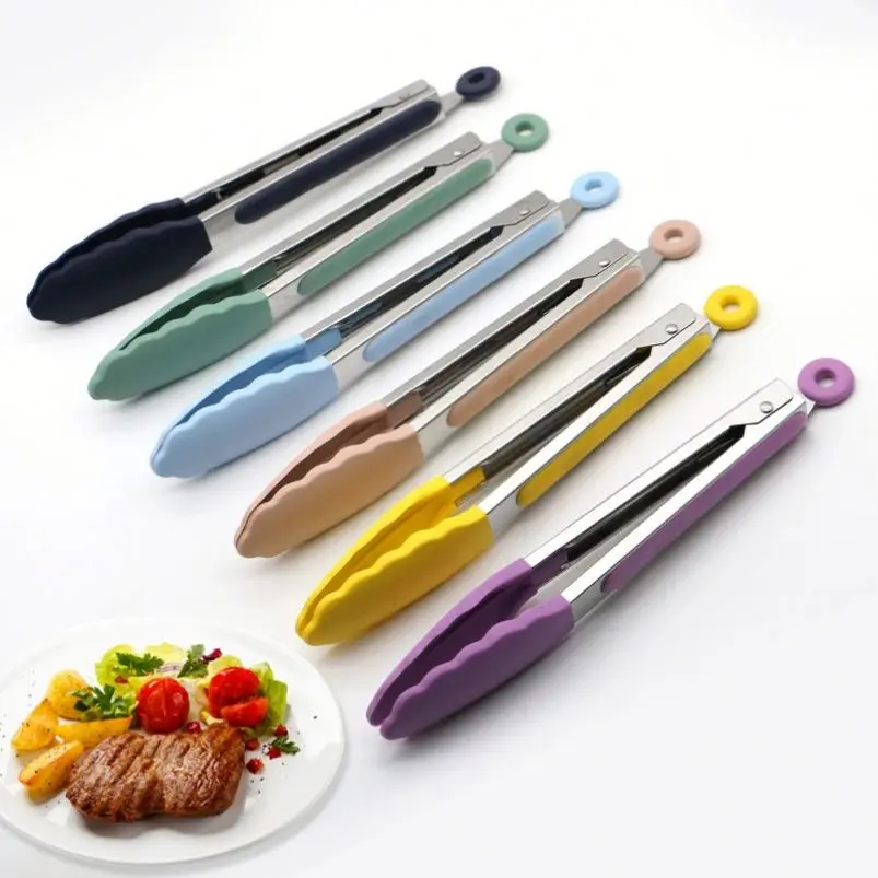 OEM ODM Kitchen Durable Stainless Steel Silicone Tongs Customized Eco-Friendly High Temperature BBQ Steak Food Clip Wholesale