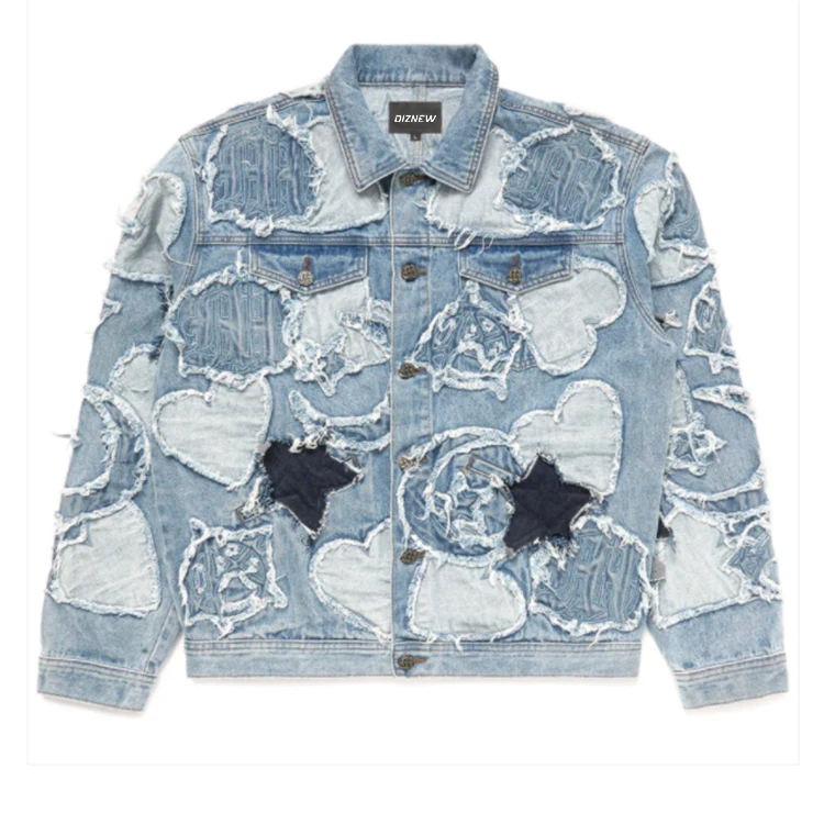 DiZNEW Wholesale Customized Printing Vintage Washed Jacket Blue and White Plus Size Coat Pure Cotton High Quality Jacket