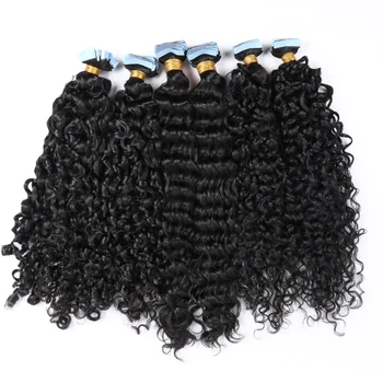 Curly Tape Hair Extension Invisible Wholesale European Cableo Huamno Natur Afro Kinky Tape In Hair Extensions 100% Human Hair
