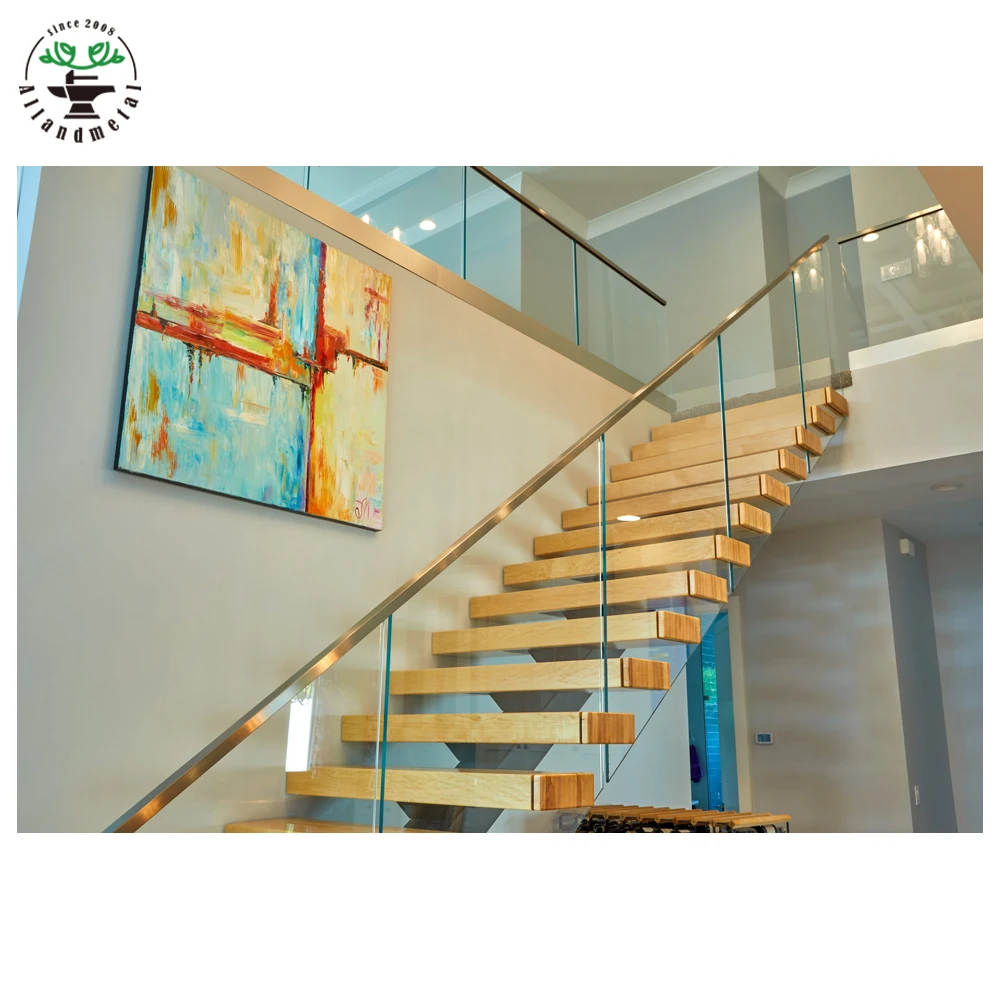 Современный дизайн, прямые плавающие лестницы, закаленные прозрачные стеклянные перила, моно-металлические стрингеры из дерева, нержавеющей стали