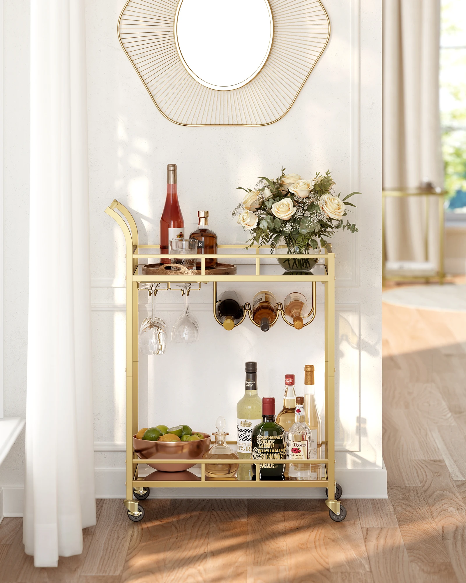 VASAGLE Cocktail Alcohol Trolley for Kitchen Dining Living Room Outdoor Serving Trolley  2 Tier Bar Cart With Wine Bottle Racks