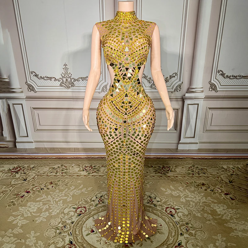 Novance Y3737-B Gold Rhinestone Clothing Womens Elegant Lady Clothes  Sleeveless Luxury Evening Dresses for Birthday Party