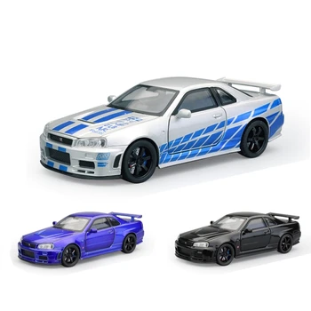 1/32 Nissan GTR R34 Skyline JDM Racing Car Toy Model Diecast 1:32 Metal GT-R Sport Miniature Collection Sound Light Pull Back