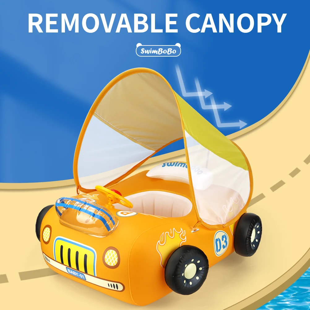 Swimbobo Inflatable Car Swimming Seat Boat Floating Ring Children Water Toy Steering Baby Swim Pool Float Ring With Canopy