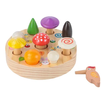 Creative Wooden Woodpecker Bird Eating Worm Size Cognitive Wooden Magnetic Catching Insect Mushroom Picking Toy