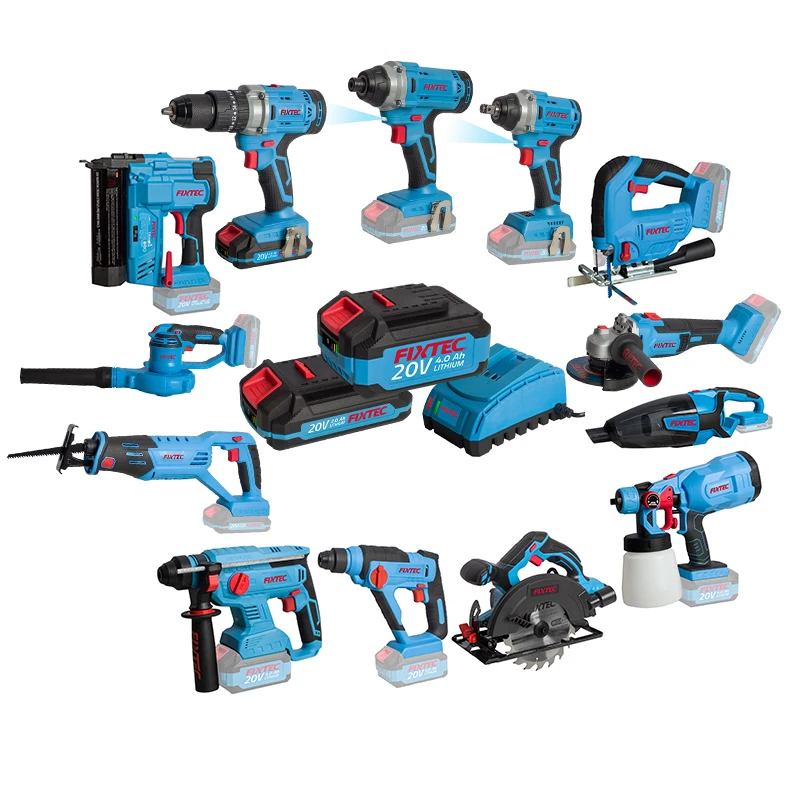 FIXTEC 35pcs бесшнурового електричюеского инструмента комплект комбо наборы Электрический 20V электрическая дрель гвоздя ружье угловая шлифовальная машина цепи циркулярная пила пистолет-распылитель