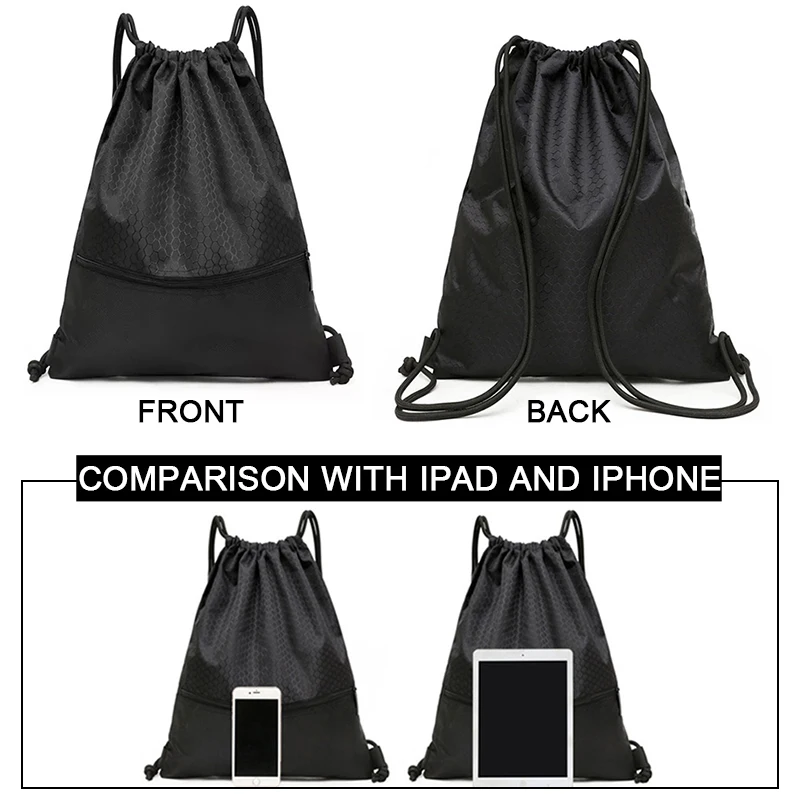Custom Logo Large Capacity Waterproof Gym Black Blank 420D Polyester Sport Drawstring Backpack Bag with Pocket
