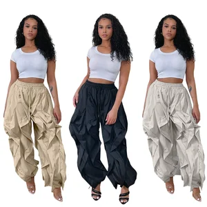 Women's Stylish Mid Waist Cord Locks Baggy Lantern Slacks Pants Ruched Details Elastic Waist Casual Harem Trousers Autumn