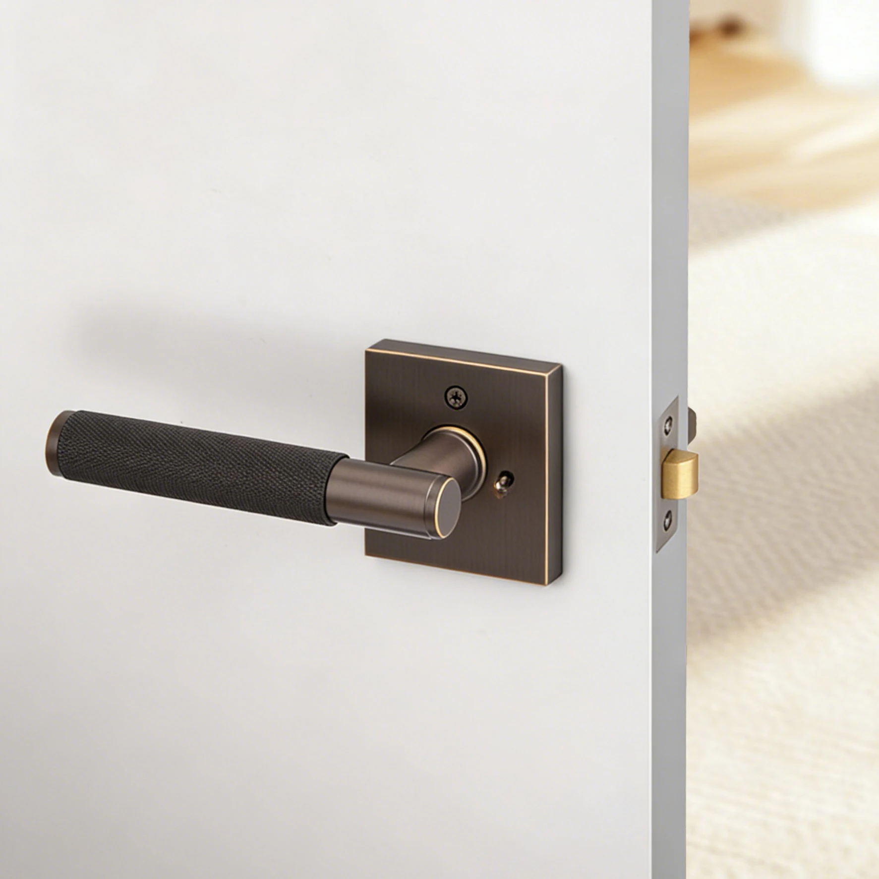 Brass Door Handle Lock Set - Keyless Tubular Bathroom Door Handle with Knurled Bronze Finish for Interior Doors