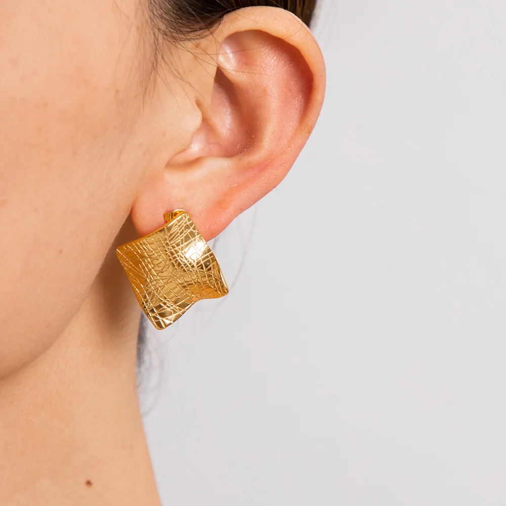 Chic Hypoallergenic Statement Earring Hammered Texture Stud Earring Gold Plated Stainless Steel Jewelry Large Drop Earrings