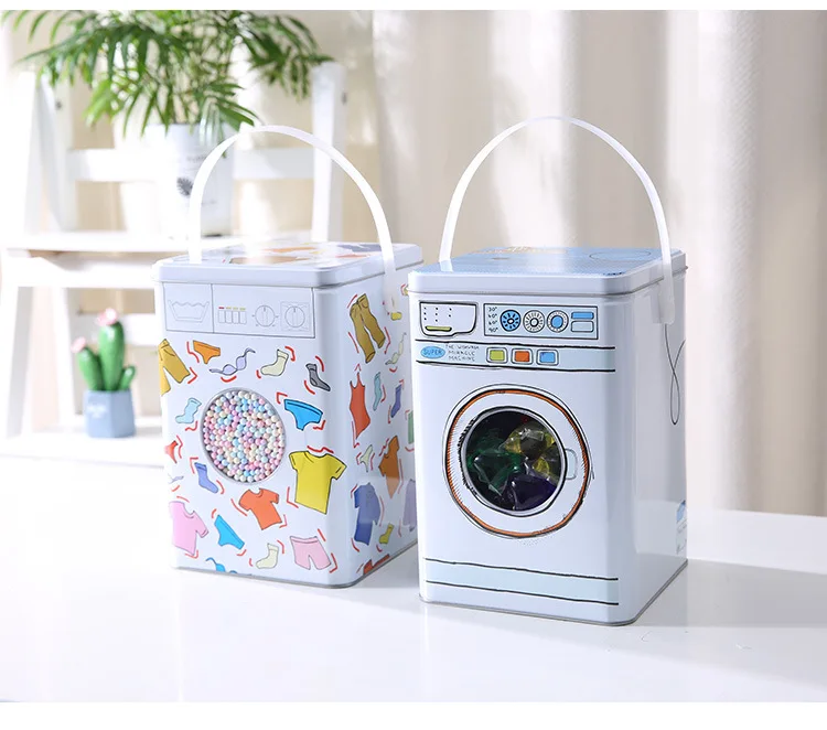 Custom Washing Machine Shape Laundry Powder Laundry Detergent Storage Tin Box with Plastic Handle and Body Window