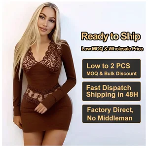 Plus Size Women Dress Lace Long Sleeve V-Neck Empire Waist Bodycon Mini Dress Custom Hollow Out Casual Brown Dress OEM Wholesale
