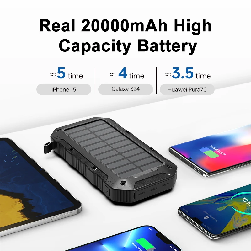 Solar Power Bank Charger 20000mAh,Portable Built in 4 Cables Solar Energy Power Bank With Multiple 6 Outputs for Mobile Phone