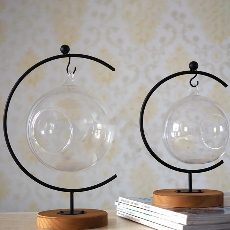 Modern Design Glass Globe Terrarium Ornament with Metal Stand for Tabletop Vase Display
