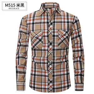 Men's Long-Sleeved Casual Flannel Wool Plaid Shirt Slim-Fit Design Double Pocket Spring/Summer Fashion Anti-Wrinkle Twill Fabric
