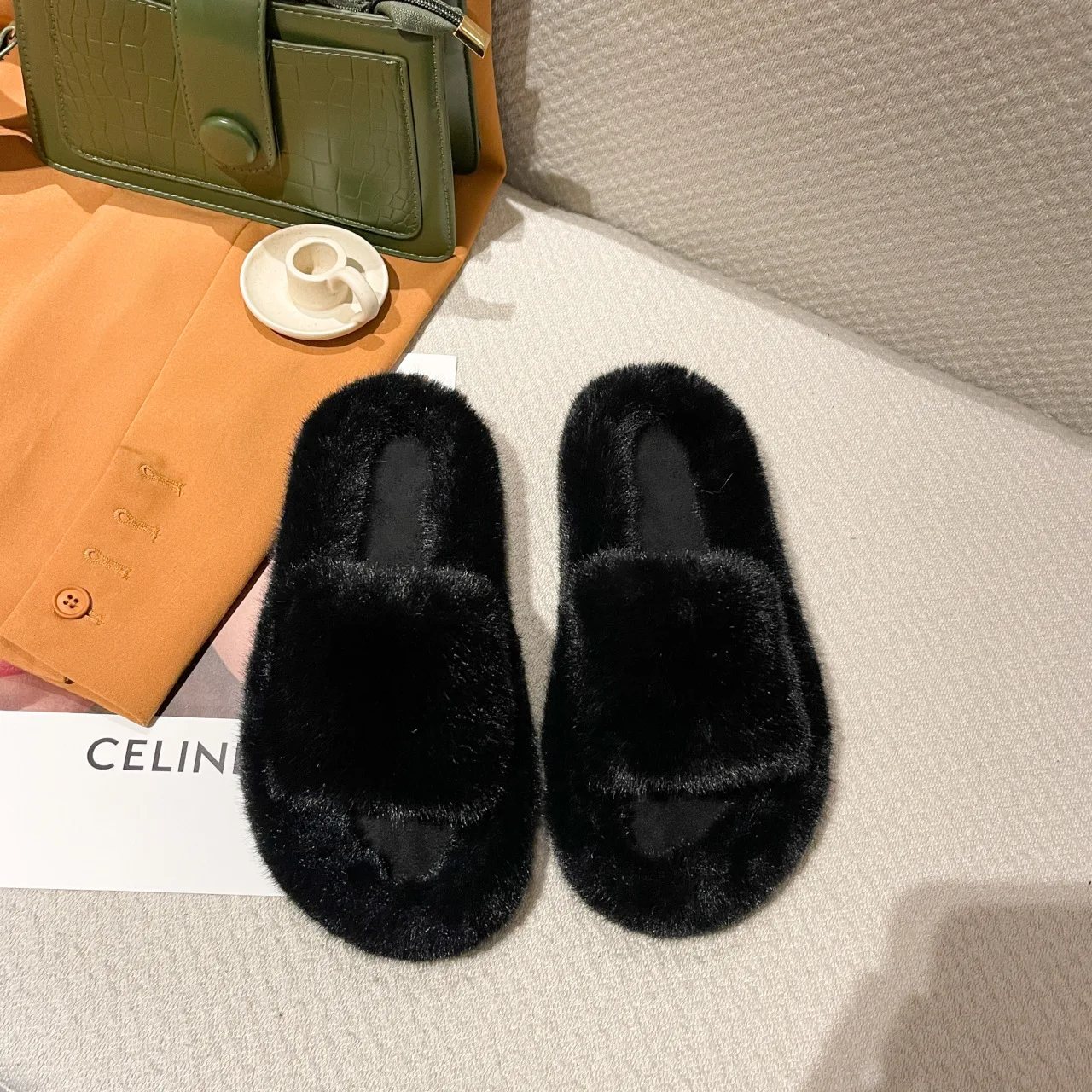 Soft Warm Plush Furry Open Toe Fur Slides Fuzzy Fluffy House Indoor ...