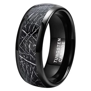 Coolstyle Jewelry 8mm Domed Polished Imitated Meteorite Inlay Black Tungsten Ring for Men Women Fashion Engagement Wedding Band