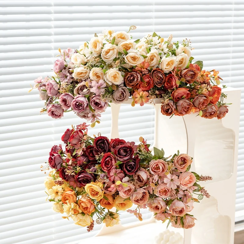 Small Single Pomegranate Rose Artificial Silk Flower Arrangement Bionic Flower Ornament Bamboo Bouquet Decorative Chopping Block