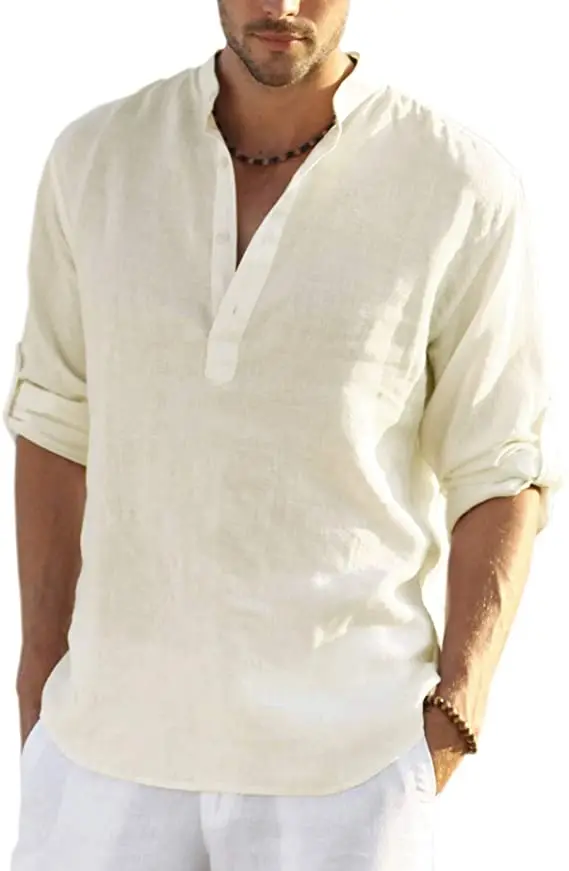 Vickyleb Mens Tops Blouse T Shirt Mens Cotton Linen Henley Shirt Long Sleeve Hippie Casual Beach T Shirts 