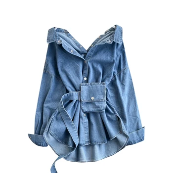 TWOTWINSTYLE Lapel Long Sleeve High Waist Patchwork Bag Denim Blouses Female 2021