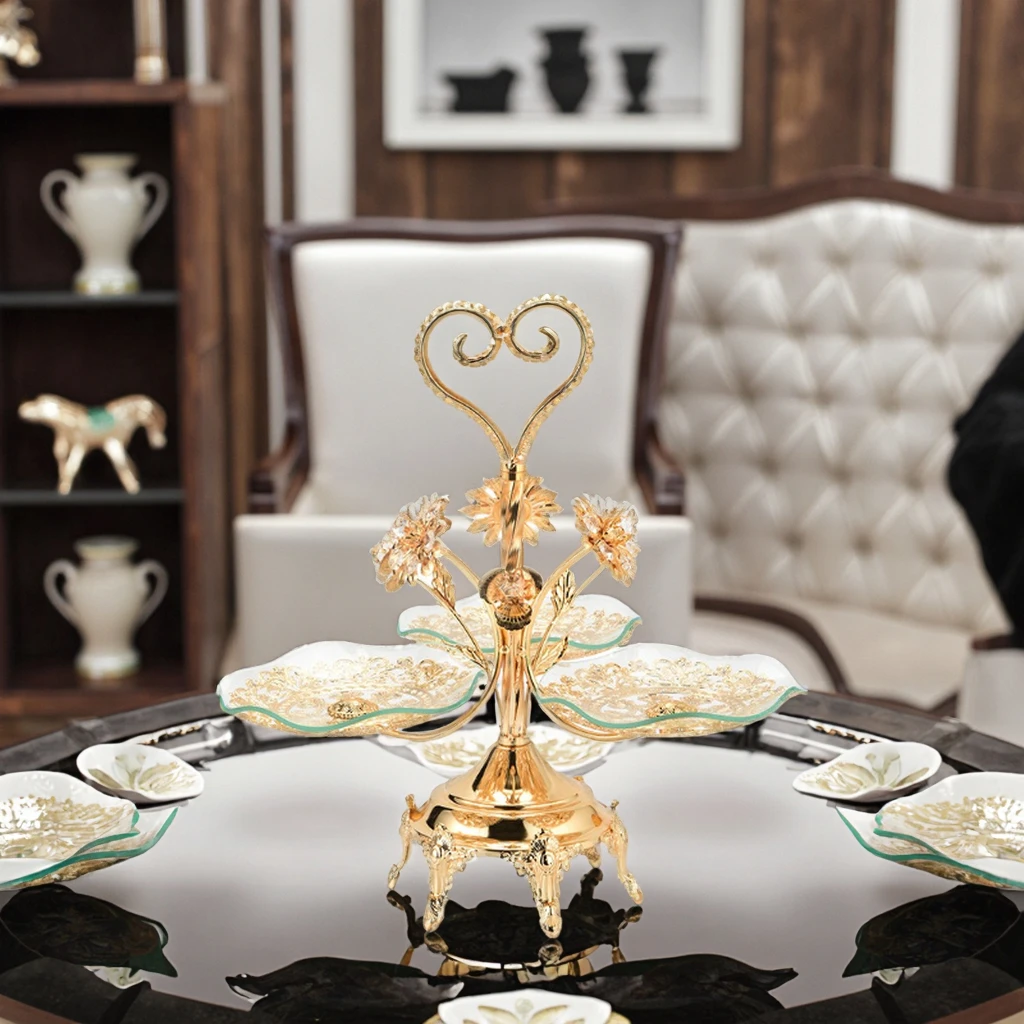 2025 Qian Hu Turkish Gold Metal Glass Serving Tray Plate with Leg