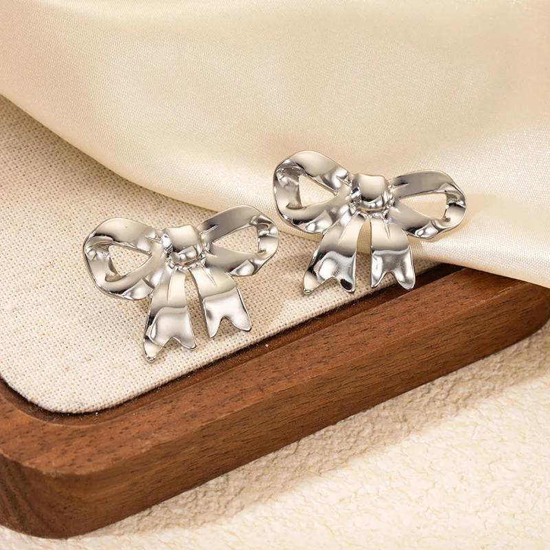 product trendy 18k gold  silver plated bowknot shaped stainless steel stud earrings for women fashionable european american style gift-4