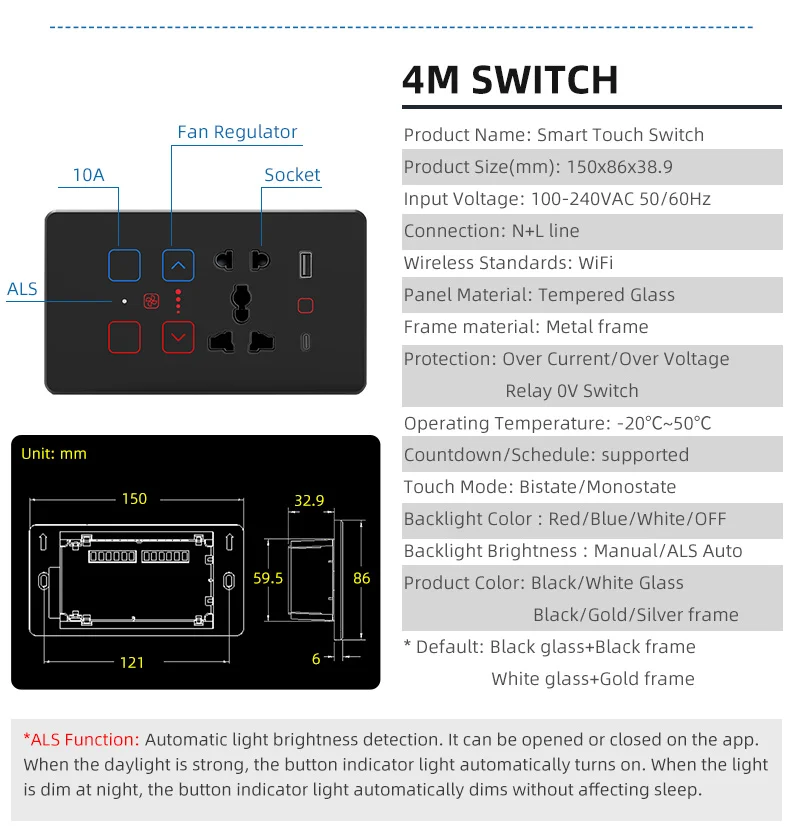 Universal Socket and Switch 4 5 6 8gang Touch Wall Light Switch WiFi Dimmer Switch Tuya Smart Fan Controller