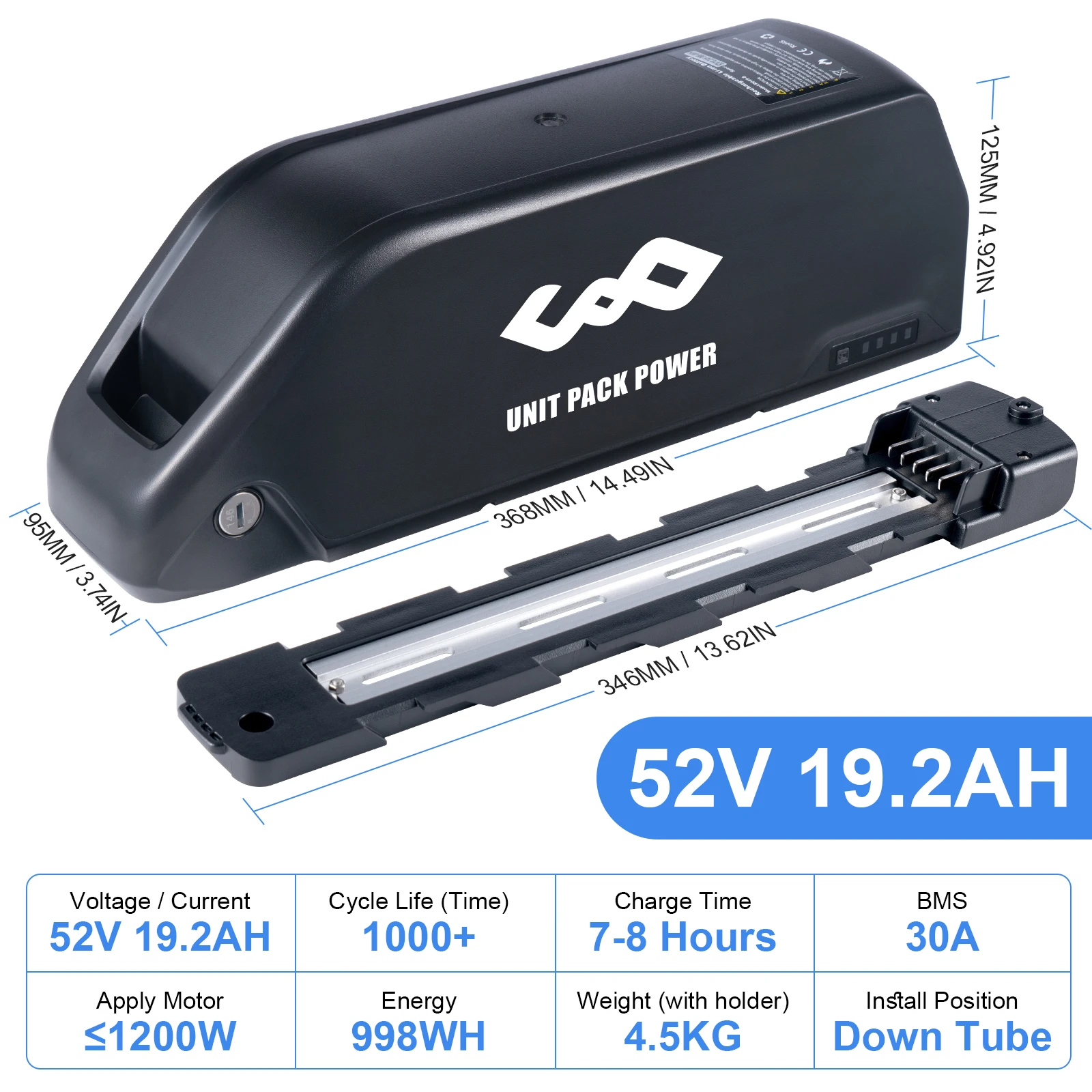 UPP Lithium 72V 24Ah Downtube EBike Battery Pack for Electric Bicycle