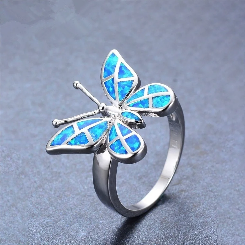Trendy Animal Design Not Real Fire Opal Finger Ring Blue Butterfly Ring for Women Jewelry Bohemian Statement Girl Gift