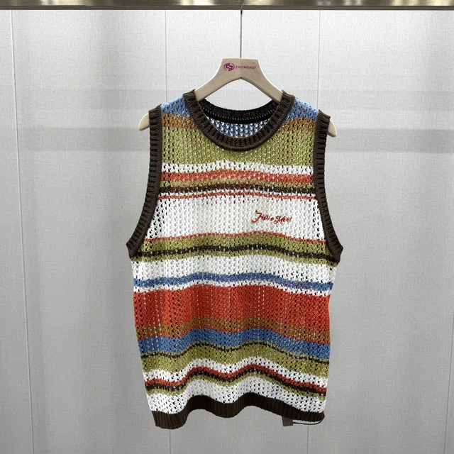 OEM ODM Women's Casual Multicolor Striped Crochet Sweater Vest Thin Long Crop Top Hollow Knit for Summer