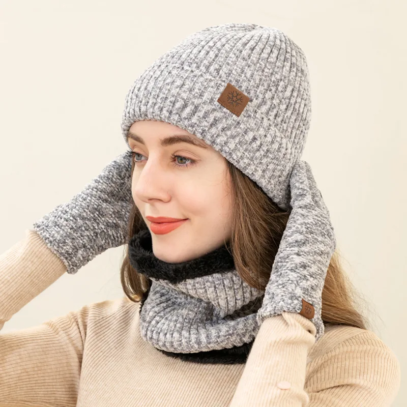 2024 зимняя теплая вязаная шапка шарф набор перчаток для сенсорного экрана уличная ветрозащитный кашемировый из трех