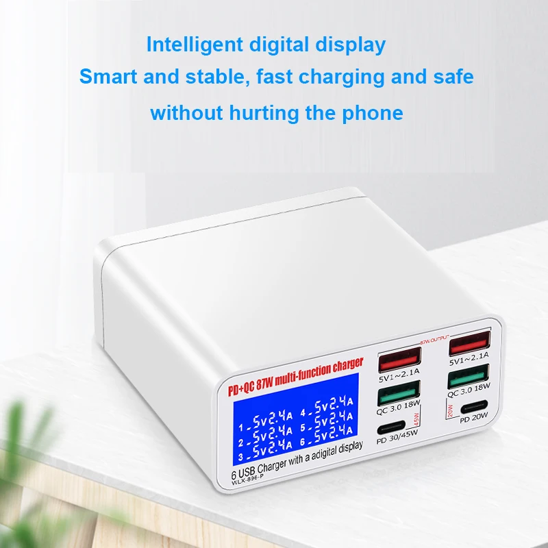 87W Multi-Port Digital Display LED Charger New Design Quick Charging Station for Mobile Phones Laptops Portable Electric PD
